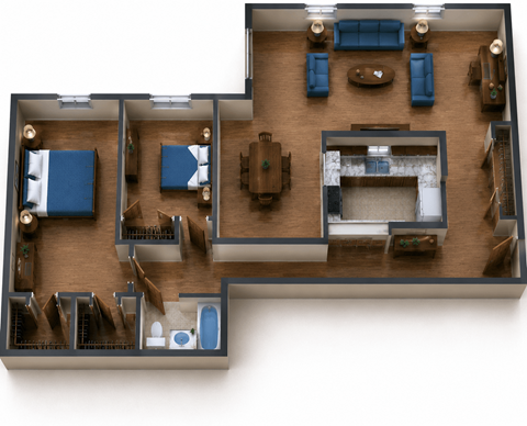 Floor plan for 2 beds, 1 bath, 1288 sqft